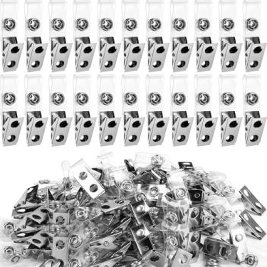 Imagem de Clipes de crachá de metal clipes de crachá de identificação clipes de crachá de furo duplo com tiras de PVC transparentes, clipes de etiqueta de nome, clipe de alça de identificação para cartões de identificação e porta-crachás, material escolar de escritório (pacote com 400)