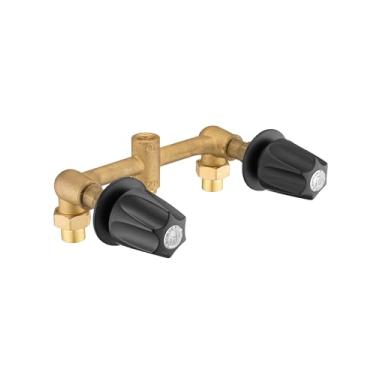 Imagem de Válvula áspera de banheira e chuveiro com 2 alças com kit de acabamento preto, instalação de 2 furos, entradas de união de 1/2 polegada, saídas IP de 1/2 polegada, porcas de união incluídas