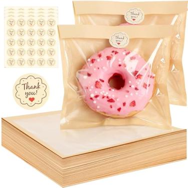 Imagem de 100 sacos de padaria com janela, sacos individuais de biscoito de 18 x 18 cm com selo, embalagem de biscoito marrom, sacos de pastelaria de papel seláveis ao calor e resistentes a graxa para pão