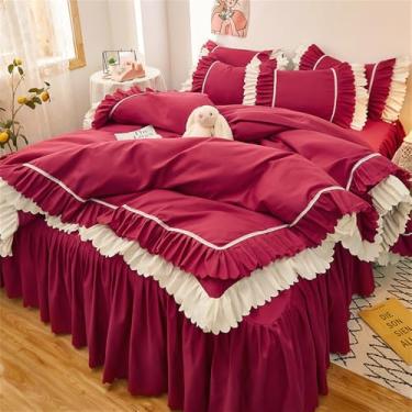 Imagem de Jogo de cama de renda rosa com babados e saia de cama de luxo, colcha de edredom para meninas, colcha, vermelho, para cama de 1,5 m, 3 peças
