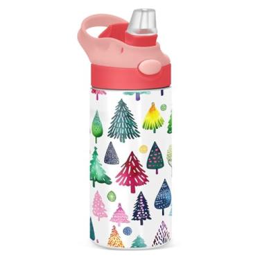 Imagem de YETTASBIN Garrafa de água de árvore de Natal para crianças, 340 g, à prova de vazamento, parede dupla, isolada, copo de viagem com tampa de canudo para meninas, meninos e crianças