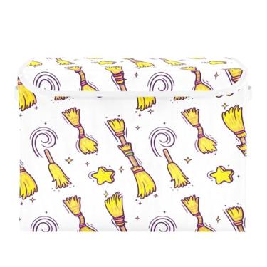 Imagem de Wassud Cestas de armazenamento de Halloween com tampas Vassouras mágicas com estrelas dobráveis cestas de linho de tecido empilháveis recipiente organizador de armário 42 x 32 x 30 cm