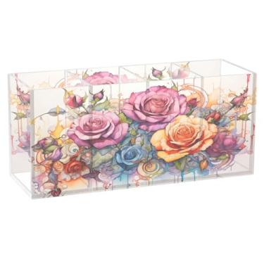 Imagem de CEBUGI Porta-lápis de acrílico transparente com 4 compartimentos, organizador de pincéis de maquiagem de rosas coloridas para armazenamento em mesa de escritório em casa