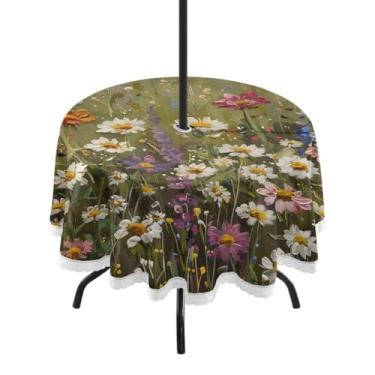 Imagem de CEBUGI Toalha de mesa redonda para uso ao ar livre, flores silvestres, impermeável, com furo Umberlla, capa de mesa lavável para pátio, cozinha, sala de jantar, 152 cm