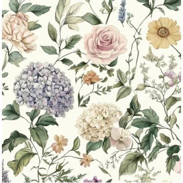 Imagem de HeloHo Papel de parede floral vintage floral para contato floral boho flor botânica papel de parede removível autoadesivo casa de fazenda papel de parede para armários banheiro quarto vinil 44 x 199