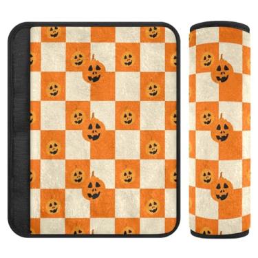 Imagem de Burbuja Almofadas de cobertura de cinto de segurança de carro Orange Checkered Pumpkins Soft Comfort Car Seatbelt Protector para alça de ombro de assento, 1 par pequeno