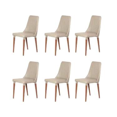 Imagem de Kit de 6 Cadeiras de Madeira Maciça Estofada Lara - Natural c/ PU Off White - Champanhe