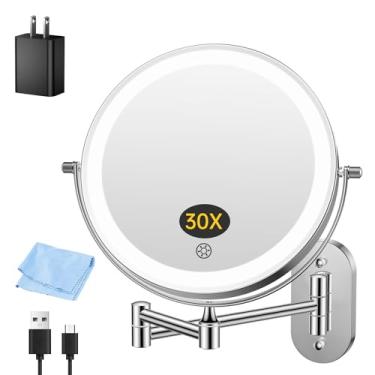 Imagem de FUNTOUCH Espelho de maquiagem recarregável montado na parede com luzes, ampliação dupla face de 5000 mAh 1X/10X, 3 luzes coloridas, regulável ao toque, braço estendido, rotação 360, espelho de