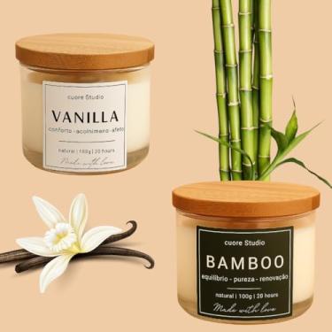 Imagem de Cuore Studio Vela Aromática Perfumada Natural, Kit com 2, Chá Branco, Vanilla, Baunilha, Alecrim, Lavanda, Capim Limão, Bamboo, Cereja e Avelã, Jasmim, 100g cada (Chá Branco e Bamboo)