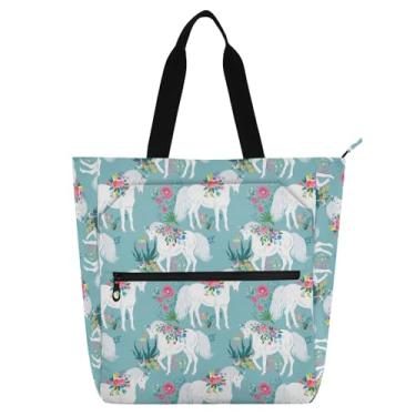 Imagem de ODAWA White Horses Bolsa de ombro floral para organização de livros infantis e armazenamento de atividades