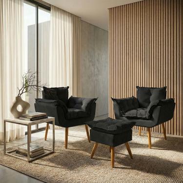 Imagem de Kit 2 Poltronas Decorativa e Puff Para Sala Recepção Manicure Consultório Quarto Alice Tecido Suede