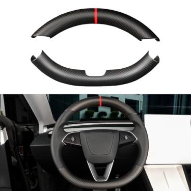 Imagem de JSWAN 2 peças de capa embutida de volante de fibra de carbono para Tesla New Refreshed Model 3 Highland Performance (2024+) Envoltório de acabamento de volante com faixa vermelha (preto fosco 2 peças)