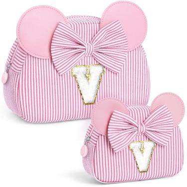 Imagem de QLOVEA Presentes de Natal para netos, bolsa de cosméticos inicial, bolsa de maquiagem de viagem, presentes de aniversário personalizados para crianças, rosa