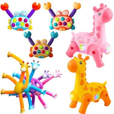 Imagem de Kit 3 Brinquedo Led Musical Estica Luz Girafa Caranguejo (Rosa)