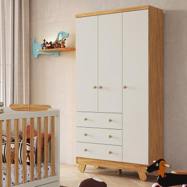 Imagem de Guarda Roupa Infantil 3 Portas 3 Gavetas em MDF Pingo - Amendoa/Off White