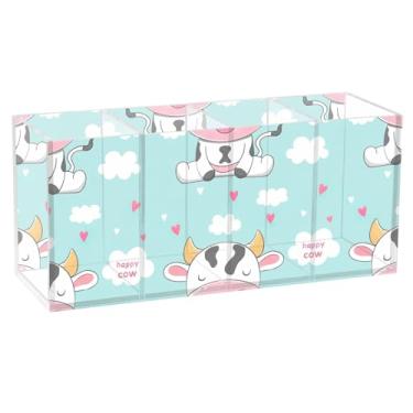 Imagem de TSENQUE Porta-lápis de acrílico floral com desenho animado de vacas sorridentes para arte de mesa, suporte de pincel personalizado, copo de caneta, suporte de escritório, estética de escritório