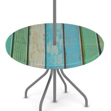 Imagem de Toalha de mesa redonda para uso ao ar livre – Toalha de mesa circular de madeira rústica verde com borda elástica e orifício para guarda-chuva e zíper oculto – capa de mesa à prova d'água para mesas