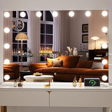 Imagem de Hasipu Espelho De Maquiagem Hollywood Com Luzes, 32" X 22", Maquiagem, 15 Lâmpadas Led Reguláveis, 3 Modos Cor E Removível, Lupa 5X, Controle Por Toque, Usb Tipo C, Vidro Temperado
