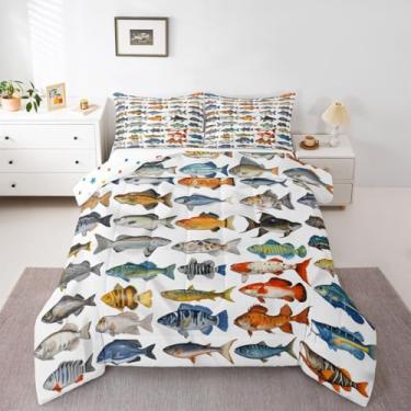 Imagem de jejeloiu Conjunto de edredom infantil de peixe colorido, tamanho Queen, para pesca e caça, animais selvagens, para quarto de crianças, meninos, meninas, decoração rústica, campesca, branca, azul