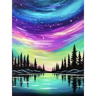 Imagem de NWQZBYHT Kits de arte de diamante Aurora Lake para adultos, árvore céu estrelado 5D, kits de pintura de diamante para iniciantes, faça você mesmo com brocas completas de diamante, pintura de pedras