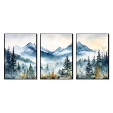 Imagem de 3 peças de arte de parede floresta nebulosa impressão aquarela montanha decoração de parede paisagem natureza árvore abstrata pintura moderna para sala de estar (SKU1-3PCS, 20.3x30.5 cm), moldura de