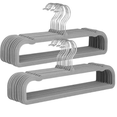 Imagem de Cabides de veludo, design fino que economiza espaço, superfície flocada antiderrapante com ganchos de metal giratórios, ideal para vários tecidos, maximiza a organização do armário (cinza-20 peças)