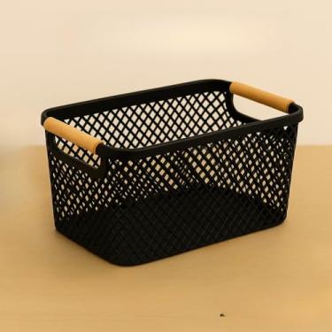 Imagem de Cesto Organizador de Plástico com Alça de Bambu – Multiuso para Cozinha e Banheiro(PRETO ELEGANTE M-32cm20cm14cm)