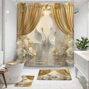 Imagem de NBVKO Conjunto de 4 peças de cortina de chuveiro com estampa rosa cisne de luxo com 12 ganchos tapetes antiderrapantes, tampa de vaso sanitário e tapete de banho, decoração elegante para banheiro de