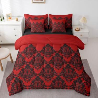 Imagem de Feelyou Conjunto de edredom de damasco vermelho gótico com 7 peças, exótica, mariposa da morte, para crianças, meninos, meninas, vitoriana, floral, gótica, decoração de quarto, macio