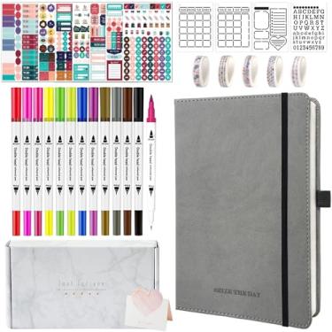 Imagem de Kit de diário pontilhado Y&I, caderno de diário pontilhado de capa dura A5 com 200 páginas, papel grosso de 120 g/m2, canetas adesivas, fitas Washi, kit de diário pontilhado para iniciantes, mulheres,