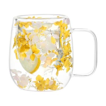 Imagem de Canecas de vidro com isolamento , canecas de chá com isolamento de flores secas - chá de camada dupla, copo de vidro transparente com alça de 200 ml para café cappuccino latte
