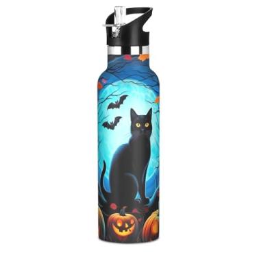 Imagem de Garrafas de água isoladas de aço inoxidável de 590 ml com tampa de palha, garrafa de água de gato preto, abóboras, para meninos, meninas, copos, sem BPA, à prova de vazamento com alça