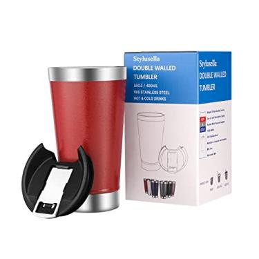 Imagem de Stylusella Tumbler, Caneca de cerveja de aço inoxidável 16oz/480ml, copo de vidro de pinta, copo isolado a vácuo de parede dupla, tampa de chávena com abre-garrafas de metal, mantém as bebidas frias ou quentes, perfeito para cerveja, café, chá gelado e outras bebidas (Rubi)