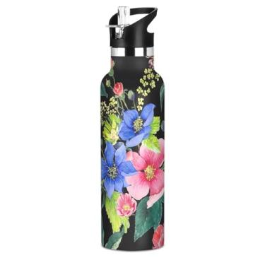 Imagem de Garrafas de água de aço inoxidável isoladas de 590 ml com tampa de canudo para bebidas frias ou quentes, aquarela floral, colorido, preto, à prova de vazamento, parede dupla, copos de viagem para