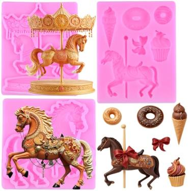 Imagem de MIYAHOUSE Carousel Fondant Moldes de silicone para decoração de bolos, topo de cupcake, pasta de goma de chocolate, argila de polímero, conjunto de 3