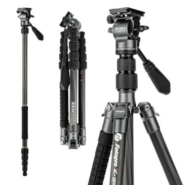 Imagem de Fotopro Tripé de viagem de fibra de carbono de 150 cm com cabeça fluida, monopé removível com placa de liberação rápida e bolsa para câmera, tripé de carga de até 8 kg/17,63 lbs X-go E2 vídeo cinza