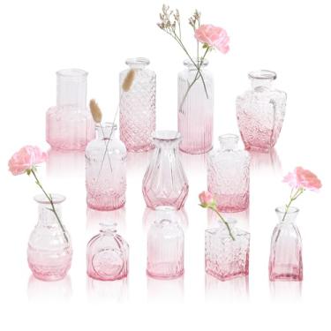 Imagem de GarDream Conjunto de 12 vasos de flores de vidro ombré rosa, mini vasos de flores vintage em relevo para centros de mesa, casamento, chá de panela, chá de bebê, festa de aniversário, pequenas garrafas