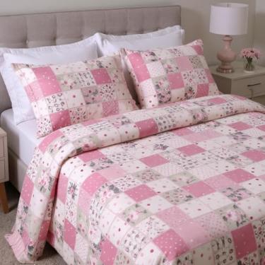 Imagem de Colcha Queen Kit 3 Peças Cobreleito Vermelho Antialérgico Algodão Percal - Conforto e Sofisticação para Seu Quarto (Floral Rosa)