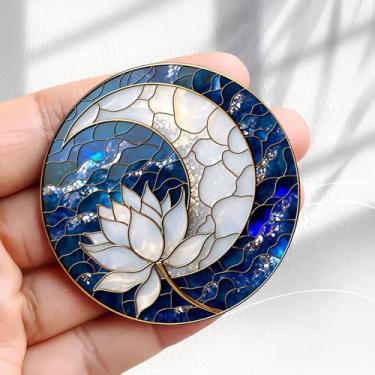 Imagem de Ímã de geladeira vintage com design de ondas de lua de lótus - adesivo redondo de acrílico para geladeira de 5,8 cm, presente de decoração retrô, tamanho perfeito para geladeira, armário ou qualquer