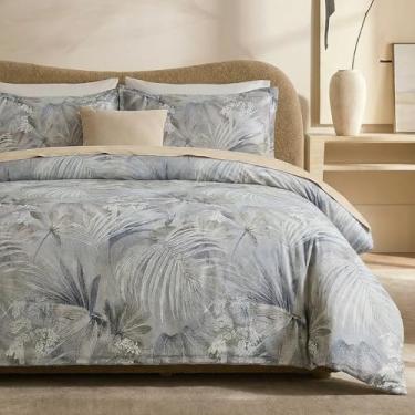 Imagem de Cozaline Capa de edredom 100% algodão tamanho Queen – Conjunto de cama botânico luxuoso com fecho de zíper, conjunto de cama com estampa de folhas macias e respiráveis para todas as estações