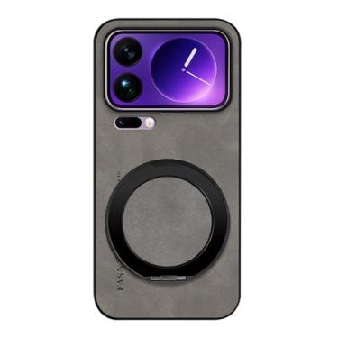 Imagem de POYUFRG Capa magnética para Xiaomi 17 Pro Max/17 Pro/17, capa de couro de negócios antiderrapante fina com anel giratório de metal, capa de suporte, cinza, 17 Pro