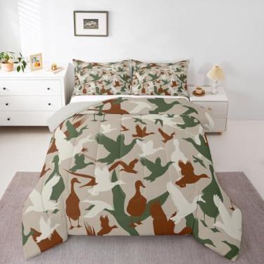 Imagem de Feelyou Jogo de cama solteiro de caça, campo, pato camuflado, para meninos, crianças, adolescentes, fazenda, animais selvagens, verde, laranja, camuflagem, com 1 edredom e 1 fronha