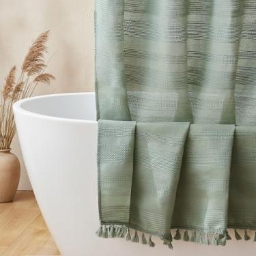 Imagem de Siiluminisoy Cortina de chuveiro de linho Boho Farmhouse cortina de chuveiro para banheiro rústico listrado francês cortinas de chuveiro tecido, verde sálvia