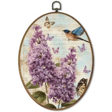 Imagem de AEHIE Arte de parede oval de pássaro floral lilás vintage, arte em tela de borboleta de flor lilás cottagecore emoldurada, imagem floral de pássaro, arte de parede oval para decoração de casa, quarto