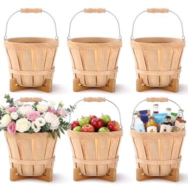 Imagem de Lounsweer Pacote com 6 cestas pequenas de madeira com alça e prateleiras, baldes de frutas de madeira vazios, exibição de madeira, cesta de maçã, cesta de colheita para exibição de frutas, legumes