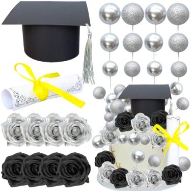 Imagem de Ephlyn Pacote com 40 topos de bolo de formatura 2025 turma de 2025 bolas de diploma flores parabéns decorações de bolo de graduação para ensino médio 2025 suprimentos de graduação sênior preto prata