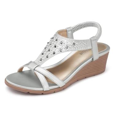 Imagem de TEMOFON Sandálias femininas estilosas: sandália de verão com tira no tornozelo, sapatos confortáveis de plataforma baixa, sandálias casuais para vestido de praia, 26 - prata, 35