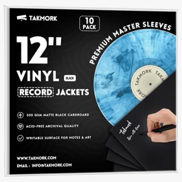 Imagem de TAKMORK Jaquetas de disco de vinil LP em branco de 30 cm, capas de álbum de cartolina preta pesada de 350 g/m2 com lombada de 4 mm, sem orifício central, para bricolage e armazenamento, 10 peças