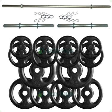Imagem de Kit Fitness 60 Kg de Anilhas Ferro + Barras Maciças Zincada com Presilhas-Unissex