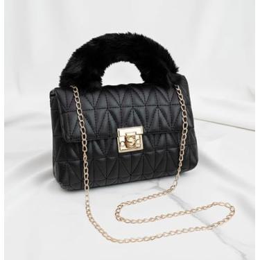Imagem de Bolsa feminina com alça de pelúcia bordada corrente ombro transversal elegante pequena bolsa quadrada, Preto